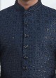 Dark Blue Embroidered Sherwani For Wedding